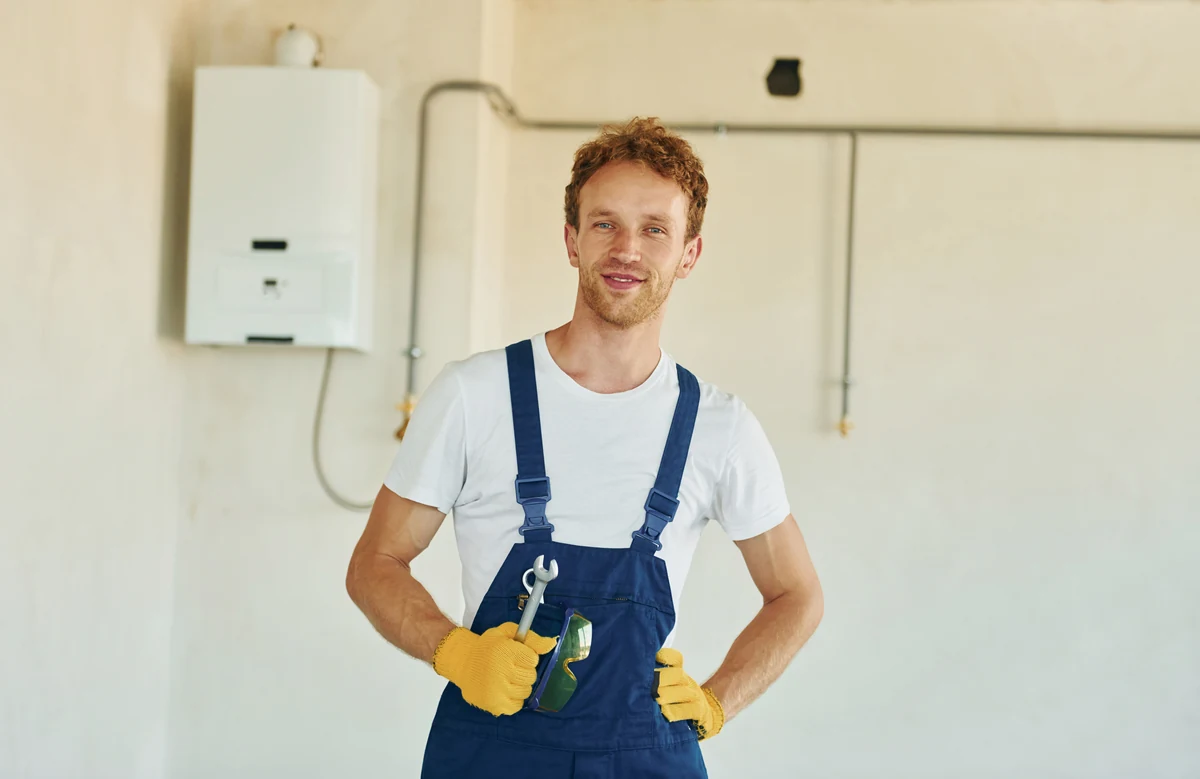 Uśmiechnięty instalator w roboczych ogrodniczkach, z kluczem w kieszeni, w pomieszczeniu technicznym